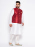 Vastramay Men's Plus Size Maroon Zari Weaved Nehru Jacket With Kurta Pyjama set